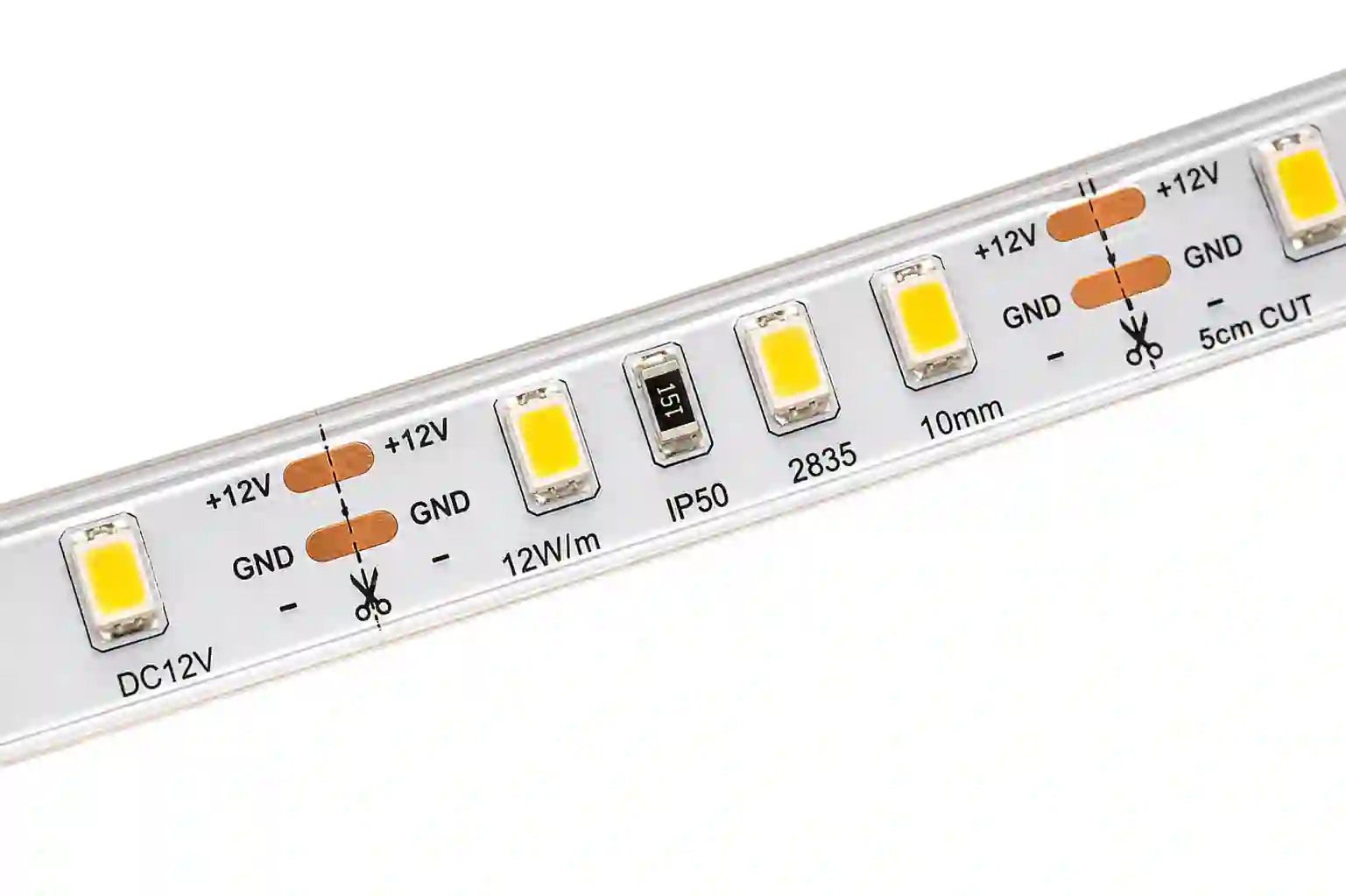 Detail zalitého LED pásku 12V IP50 se samolepicí páskou 3M